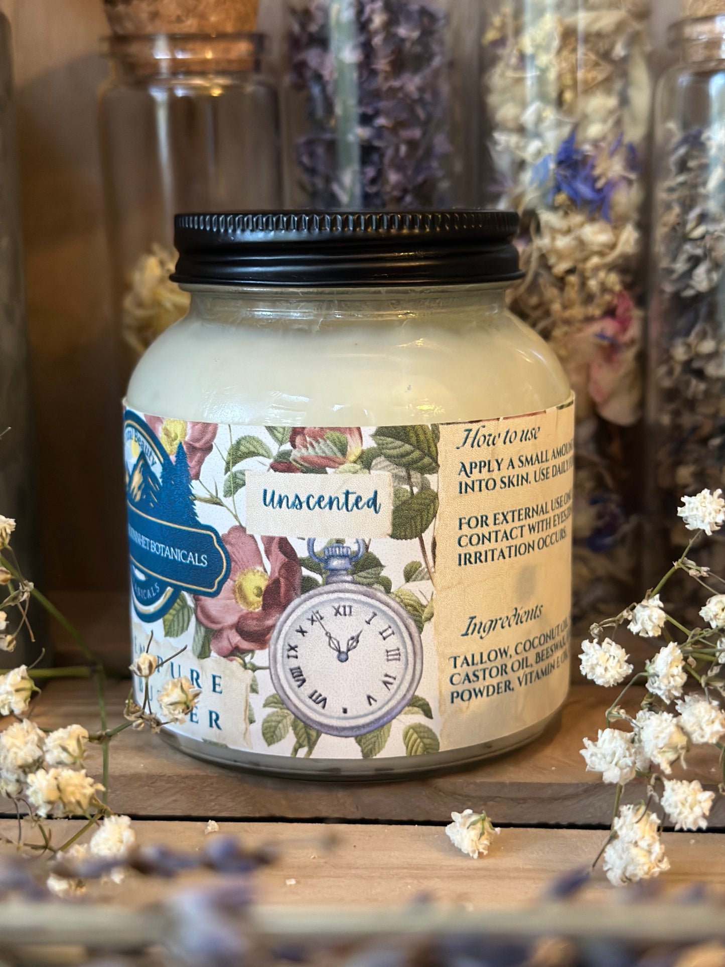 Side label with scent on 8 oz tallow body butter jar
