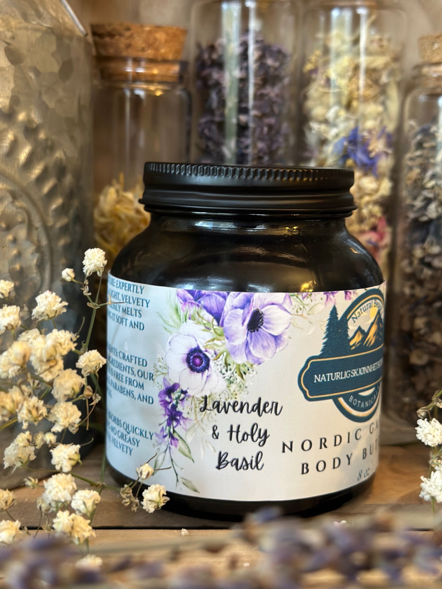 Side label with scent on 8 oz tallow body butter jar