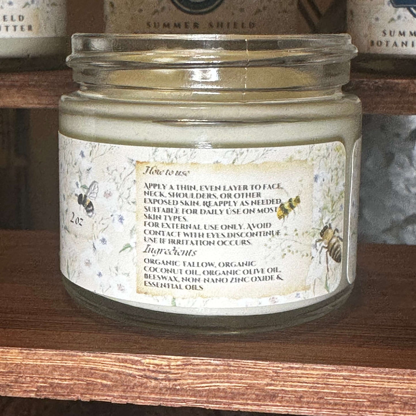 Naturlig Skjønnhet Summer Shield label on glass jar of non-toxic botanical butter
