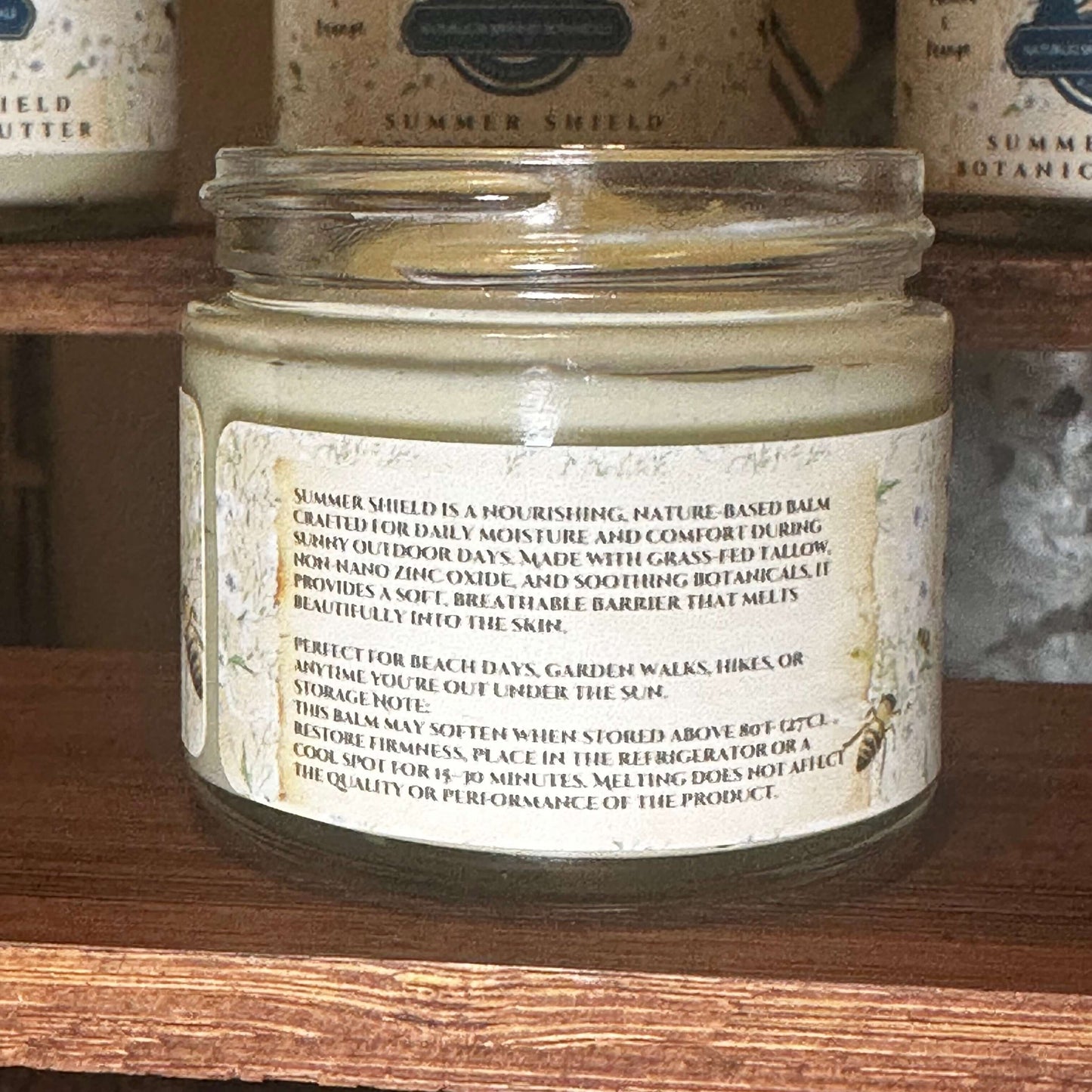 Naturlig Skjønnhet Summer Shield label on glass jar of non-toxic botanical butter