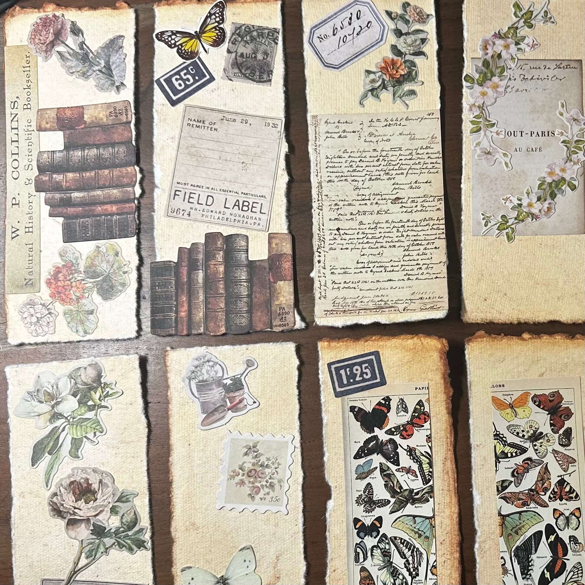 Handmade botanical bookmarks with pressed flower designs and vintage-style artwork on cotton paper.